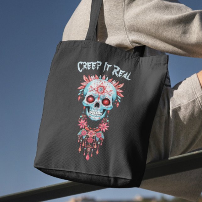 Bolsa Tote Floral Creepy Sugar Dia de as Bruxas engraçado Crâ (Criador carregado)