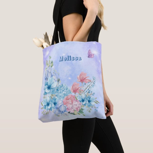 Bolsa Tote Floral de Cor Azul Roxo Moderno Espumante Moderado (Close Up)