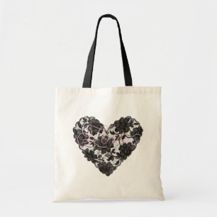 Bolsa Tote Floral de Coração de Renda Preta Falsa