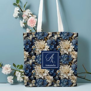 Bolsa Tote Floral de Luxo Navy com Nome Personaliz