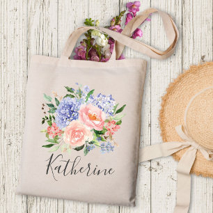 Bolsa Tote Floral de Primavera Rosa Azul Monogramada em Aquar