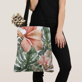 Bolsa Tote Floral de selva em aquarela verde pêssego dourado
