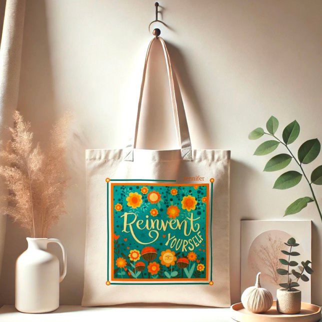 Bolsa Tote Floral Divertido Reinvente-Se Nome Próprio Inspiri (Criador carregado)