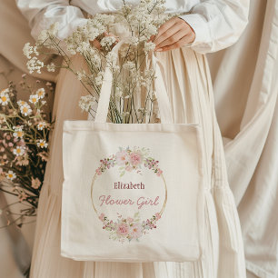 Bolsa Tote Floral Dourada Burgundy Rosa Flower Girl com nome