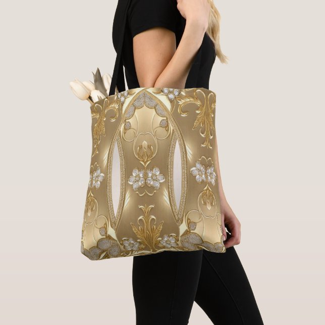 Bolsa Tote Floral Dourada Ornamentada (Close Up)