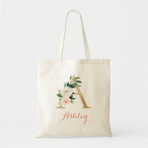 Bolsa Tote Floral Dourado Blush - Letra Personalizada "A" Tot