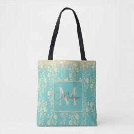 Bolsa Tote Floral Dourado com brilho monograma em verde