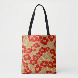 Bolsa Tote Floral Dourado vermelho japonês do vintage por