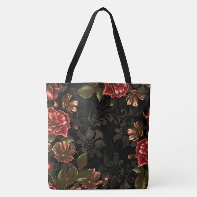 Bolsa Tote Floral Elegante de Imagem Preta Gravada (Frente)