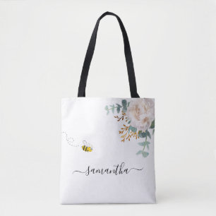 Bolsa Tote Floral Eucalyptus greenery Bee Name Script