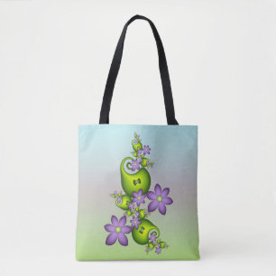 Bolsa Tote Floral Fantasy Lilac Flores Verde Formas Fractais