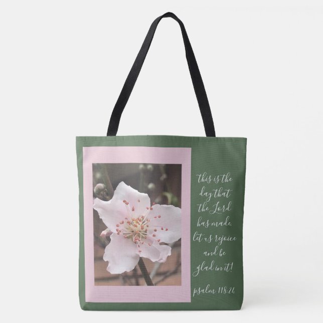 Bolsa Tote Floral (flor de pêssego) com verso do Salm 118:24 (Frente)