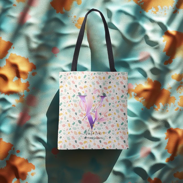 Bolsa Tote Floral Inicial V com Padrão Pastel Boho (Criador carregado)