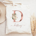 Bolsa Tote Floral Ivory Rosa Dourado Monograma - Letra D<br><div class="desc">Este saco elegante apresenta uma grande letra "D" monograma em folha de ouro falso rosa, decorada com um buquê floral de marfim vintage, aparado com folhagem de ouro verde e rosa. Personalize-o com seu nome no guião rosa gold, com florescimento no início e no fim. Faz um presente perfeito para...</div>