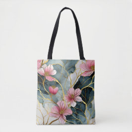 Bolsa Tote Floral Japonês, Rosa Com Dourado