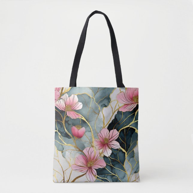 Bolsa Tote Floral Japonês, Rosa Com Dourado (Frente)