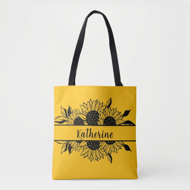 Bolsa Tote Floral line drawing sunflowers personalized name  (Frente)