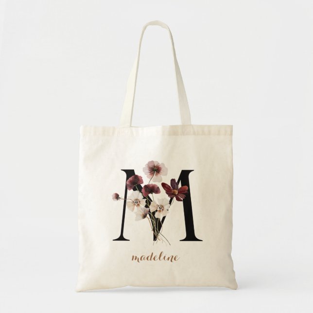 Bolsa Tote Floral Modern Personalizado Monograma - Letra "M" (Frente)
