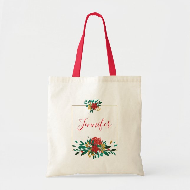 Bolsa Tote Floral Moderno de Natal Vermelho Verde e Dourado (Frente)