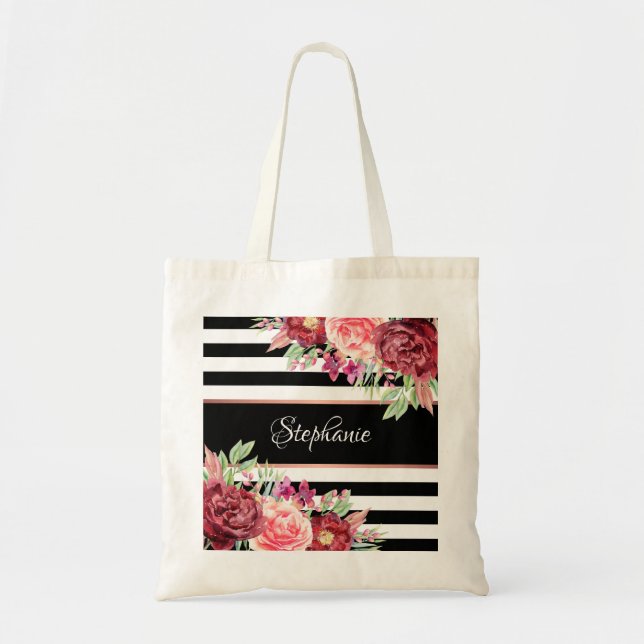 Bolsa Tote Floral Moderno de Stripe Branca Preta Personalizad (Frente)