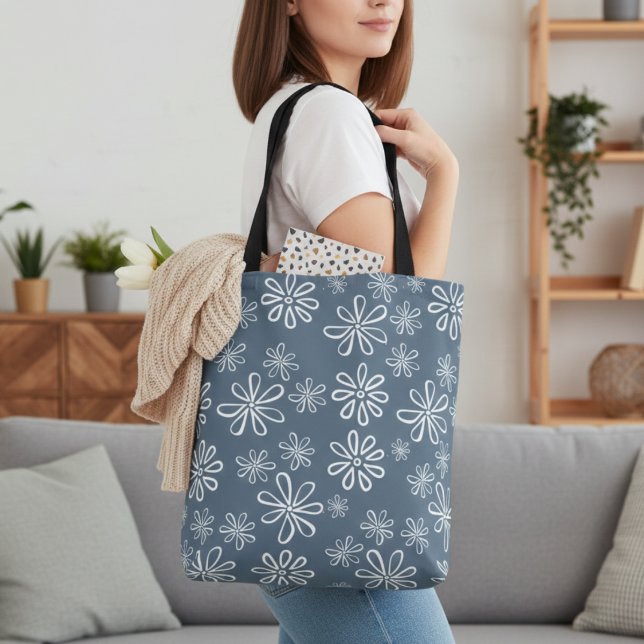 Bolsa Tote Floral na moda Azul e Branco (Stylish Blue and White Floral Tote Bag)