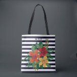 Bolsa Tote Floral na moda colorido em faixas brancas e pretas<br><div class="desc">Listras modernas e bolsa floral com monograma opcional.</div>