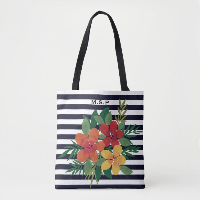 Bolsa Tote Floral na moda colorido em faixas brancas e pretas (Frente)