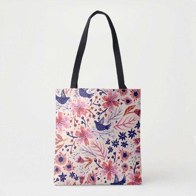 Bolsa Tote Floral, pássaros, padrão contínuo de colheita. (Frente)