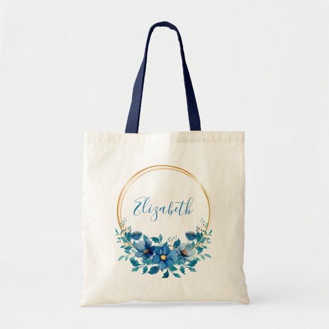 Bolsa Tote Floral personalizado azul e ouro (Frente)