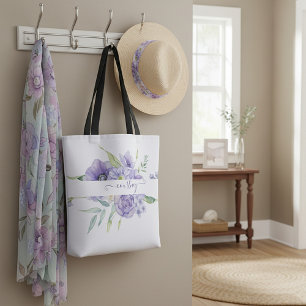 Bolsa Tote Floral personalizado em aquarela roxa