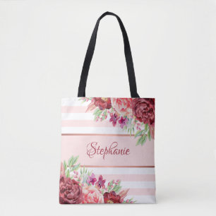 Bolsa Tote Floral Personalizado Moderno com Faixa Branca Rosa