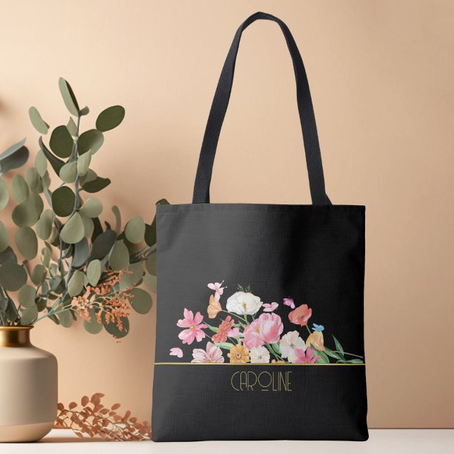 Bolsa tote floral preta moderna e elegante (Criador carregado)