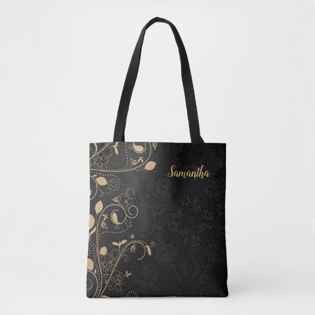 Bolsa Tote Floral Preto Dourado Elegante Personalizado (Frente)