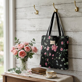 Bolsa Tote Floral Preto padrão de Flores cor-de-rosa Clássico