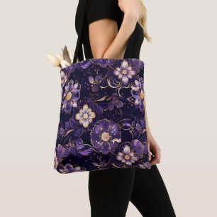Bolsa Tote Floral Puro Escuro e Faux Dourado