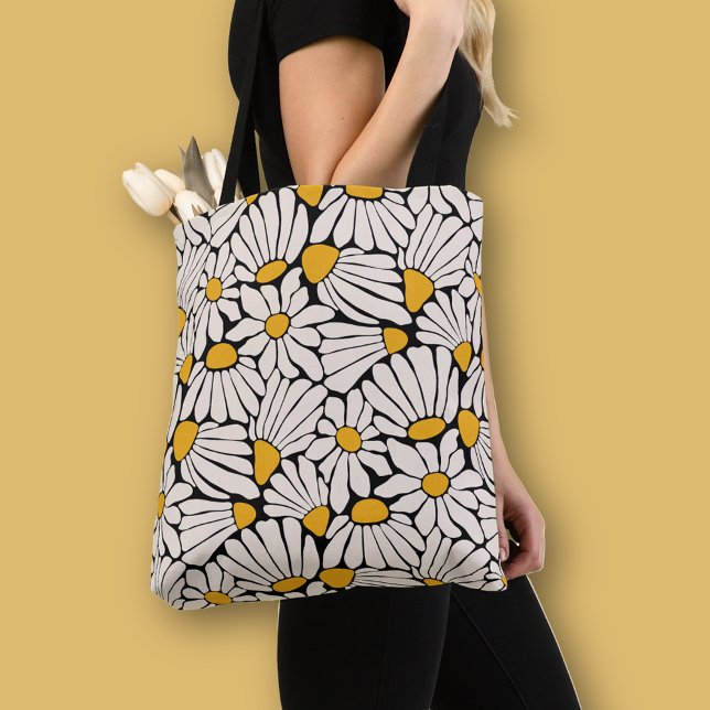 Bolsa Tote Floral retrô impressão em bloco preto amarelo (Bold boho floral pattern tote bag in black with cream and mustard yellow cut out flowers)