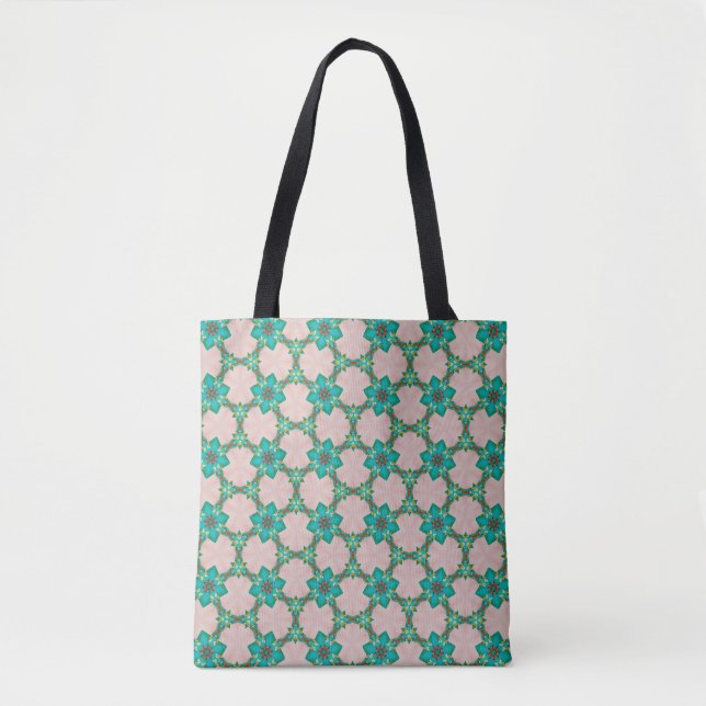 Bolsa Tote Floral Retro Verde-Menta e Vermelha (Frente)