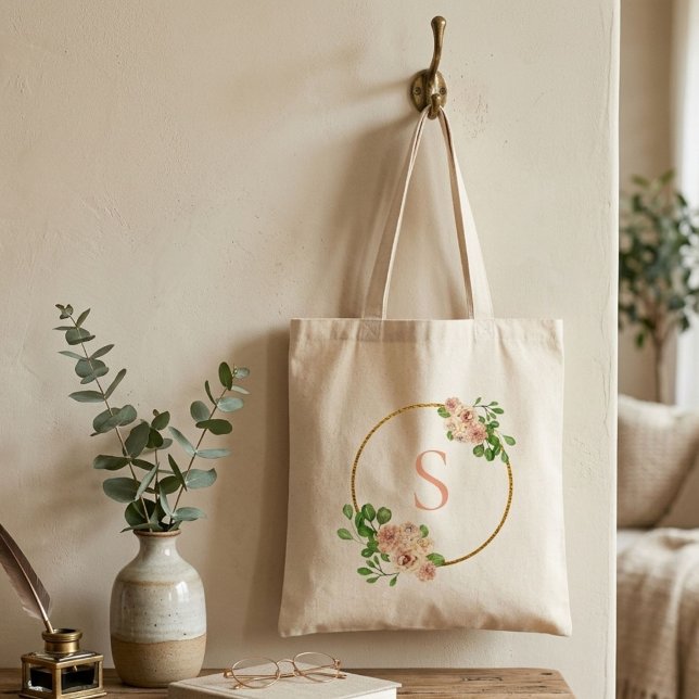 Bolsa Tote Floral Rosa Desbotado Primavera Verdura Nome Monog (Criador carregado)