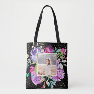 Bolsa Tote Floral Roxo a Preto com Foto Confetti