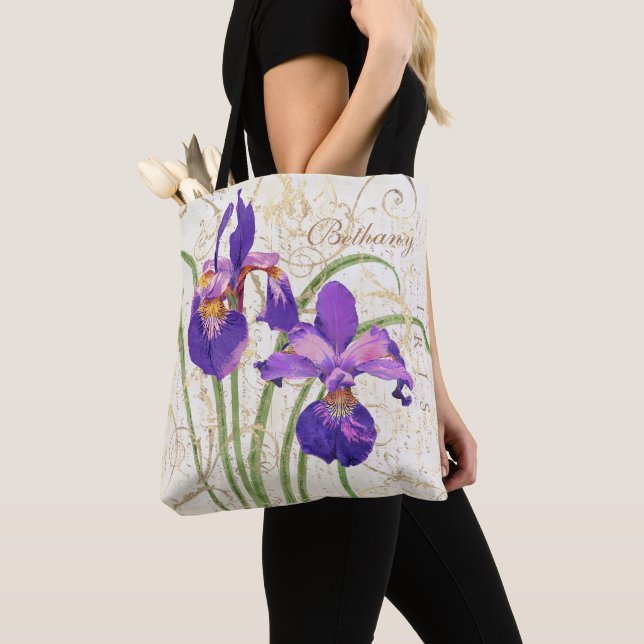 Bolsa Tote floral Roxo Iris Dourado Nome do Monograma (Close Up)