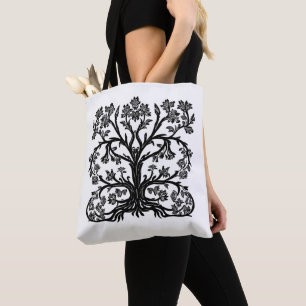 Bolsa Tote Floral Tree of Life in Black on White