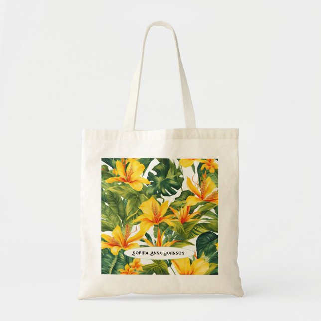 Bolsa Tote Floral tropical amarelo personalizável (Frente)