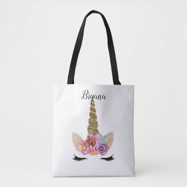Bolsa Tote Floral Unicorn Dourada Glitter Girly Girls Sparkle (Frente)