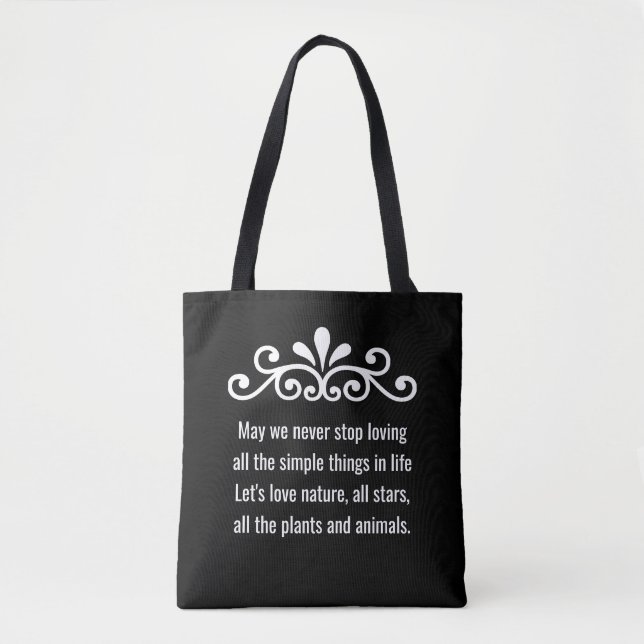 Bolsa Tote Floral Vetor, Nature Love Text em Preto (Frente)