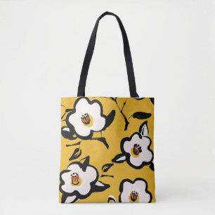 Bolsa Tote Floral Vintage de padrão amarelo com esboço na m