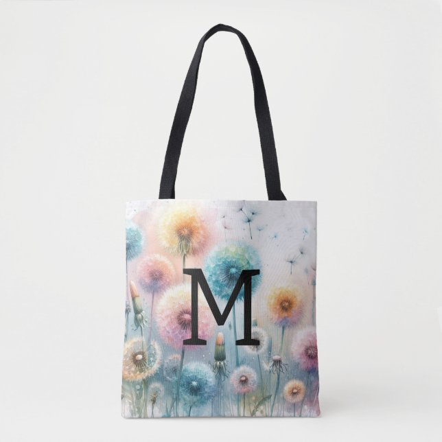 Bolsa Tote Floral watercolor monogram pink blue dandelions  (Frente)