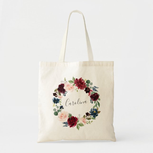 Bolsa Tote Floral Wreath Burgundy e Marinho Azul (Frente)