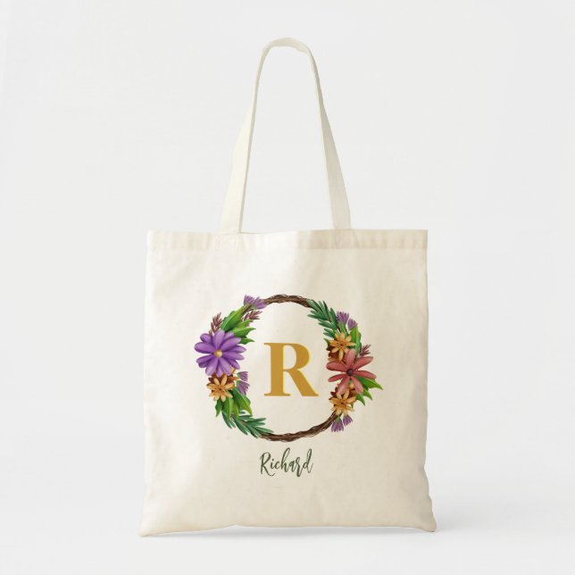 Bolsa Tote Floral Wreath Inicial Letra Monograma Nome Marble (Frente)