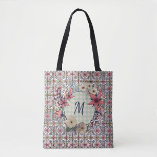Bolsa Tote Floral Wreath Padrão Floral Monograma