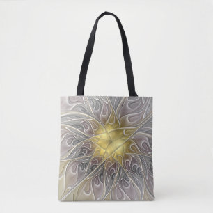 Bolsa Tote Floreio Com Dourada Flor Fractal Abstrato Moderna